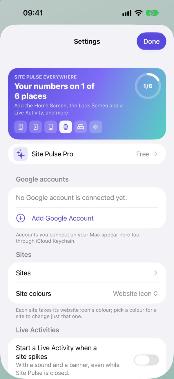 Ajustes: Site Pulse Everywhere, cuentas de Google, sitios y colores de los sitios